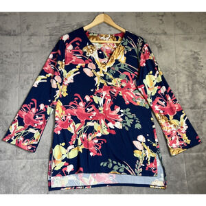 Studio Natori Tunic Top Womens Medium Navy Floral Artsy Stretchy Classic Boho